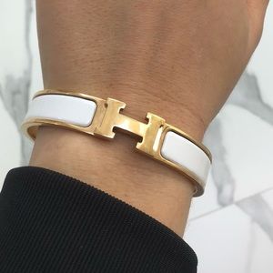 Hermes Auth  Clic Clac H Narrow Gold and white enamel bangle bracelet